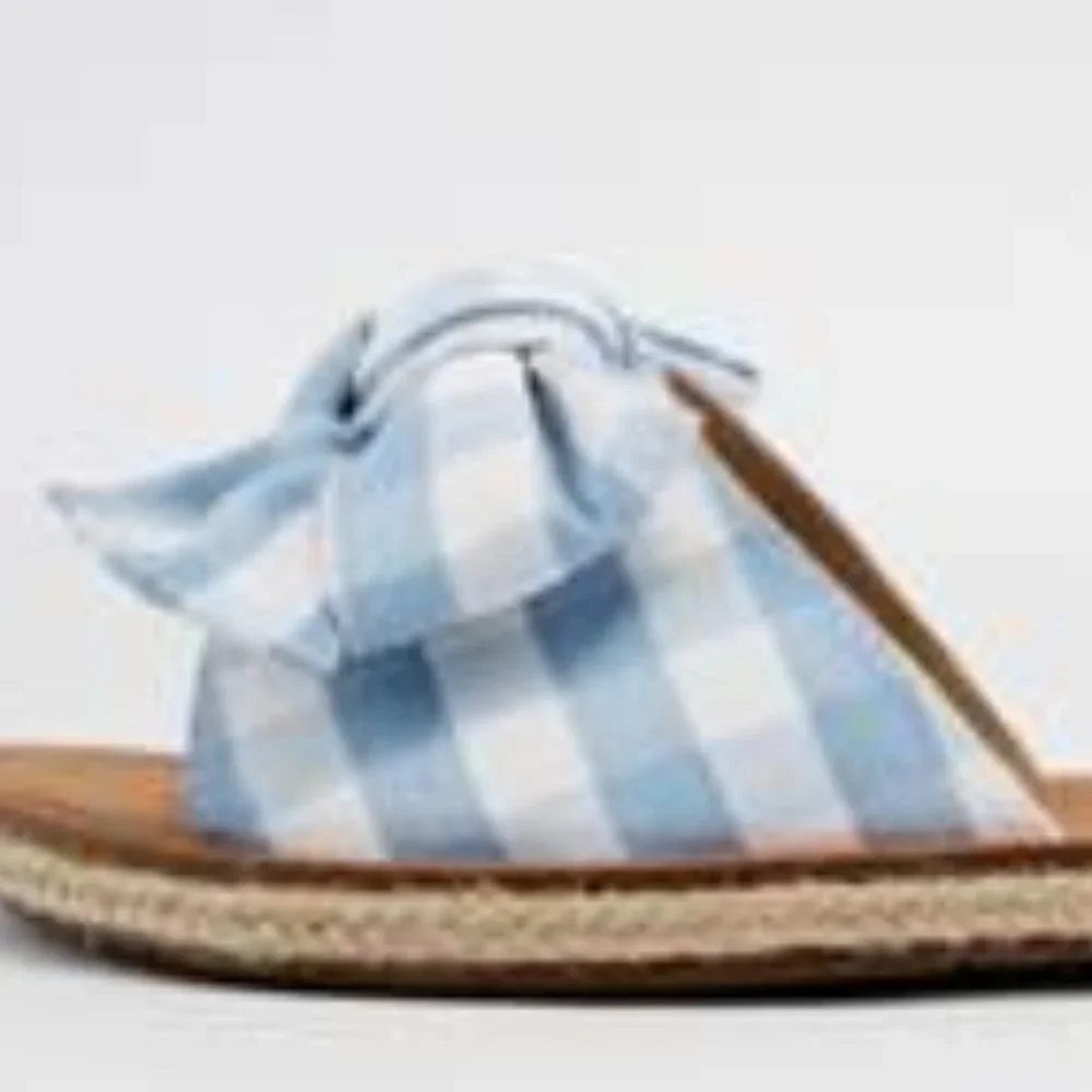 Blue and White Gingham Bow Espadrille Slide Sandals - Picture 1 of 3